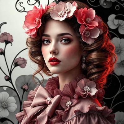 The primary subject of the image is a woman wearing a pink dress with a bow on her head. She is adorned with a floral headpiece and is posing for the camera. The setting is a room with a wallpapered background, which adds to the overall atmosphere of the scene. The visual style of the image is a combination of photo and digital art, creating a unique and eye-catching portrait. The colors and mood of the image are predominantly pink and floral, giving it a